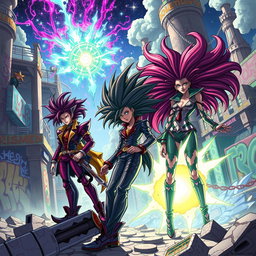 A surreal, vibrant scene inspired by the art style of JoJo's Bizarre Adventure, featuring fantastical characters with striking hairstyles and exaggerated poses