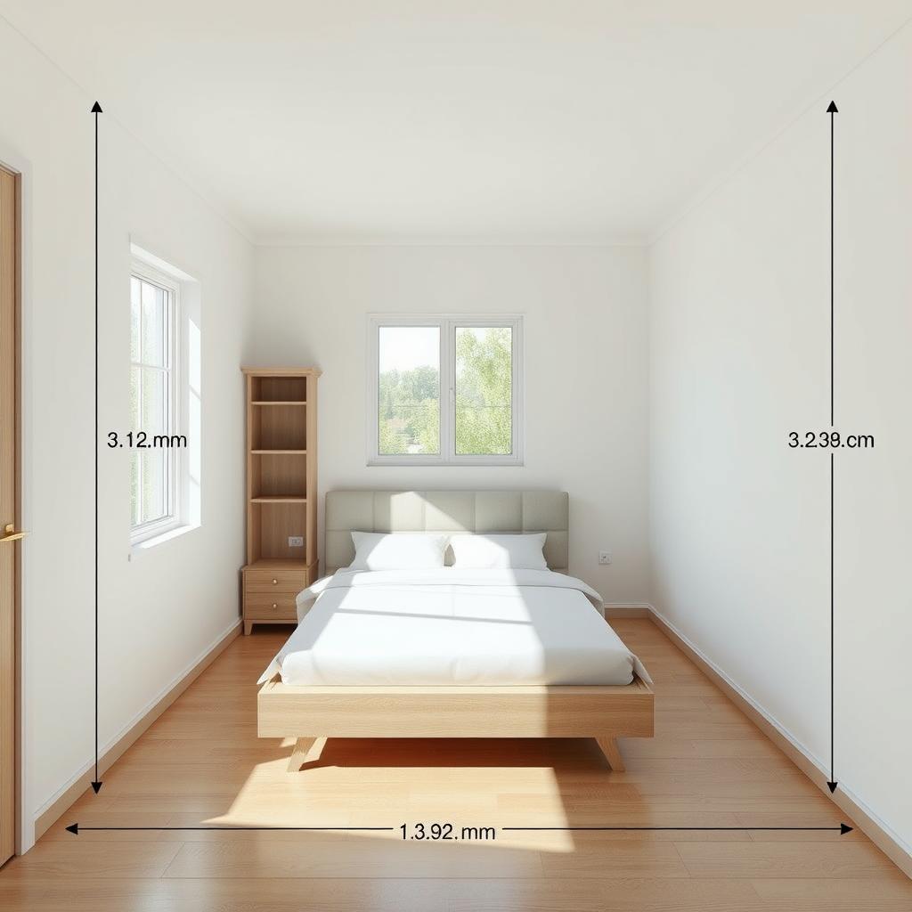 A minimalistic bedroom with four walls measuring 3