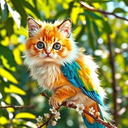 A fluffy cat transformed into a colorful bird, perched on a branch in a vibrant green forest