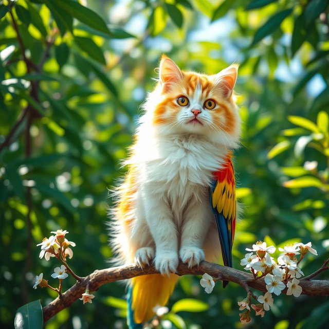 A fluffy cat transformed into a colorful bird, perched on a branch in a vibrant green forest