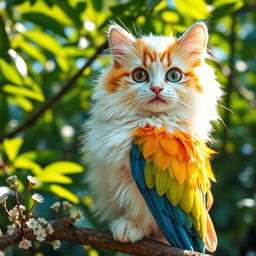 A fluffy cat transformed into a colorful bird, perched on a branch in a vibrant green forest