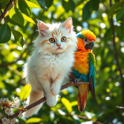 A fluffy cat transformed into a colorful bird, perched on a branch in a vibrant green forest