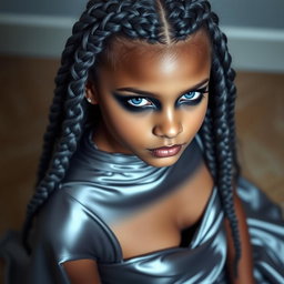 A stunning girl with striking blue eyes and gray hair styled in intricate braids