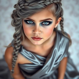 A stunning girl with striking blue eyes and gray hair styled in intricate braids