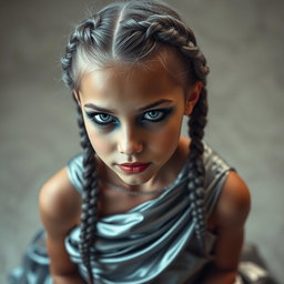 A stunning girl with striking blue eyes and gray hair styled in intricate braids
