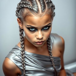 A stunning girl with striking blue eyes and gray hair styled in intricate braids