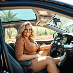 A curvy blonde woman dressed in stylish and casual attire sitting comfortably inside a shiny, new Toyota car