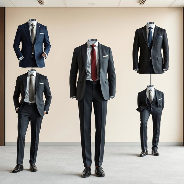 A collection of elegant and professional suits, featuring tailored blazers and sleek trousers