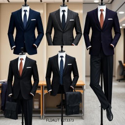 A collection of elegant and professional suits, featuring tailored blazers and sleek trousers