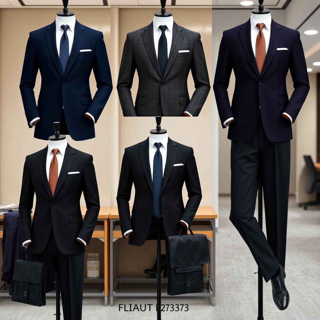 A collection of elegant and professional suits, featuring tailored blazers and sleek trousers
