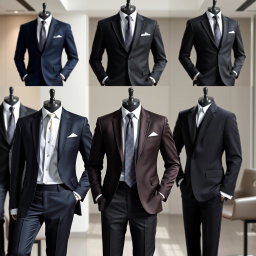 A collection of elegant and professional suits, featuring tailored blazers and sleek trousers