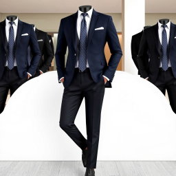 A collection of elegant and professional suits, featuring tailored blazers and sleek trousers