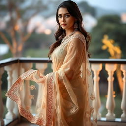 A graceful woman draped in a stunning transparent saree, showcasing intricate patterns and delicate embroidery