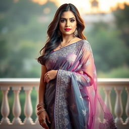 A graceful woman draped in a stunning transparent saree, showcasing intricate patterns and delicate embroidery