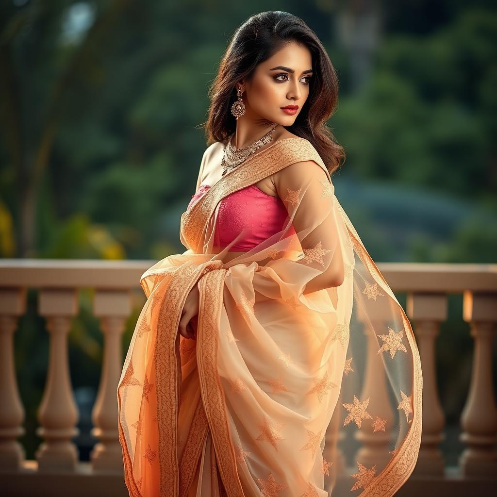 A graceful woman draped in a stunning transparent saree, showcasing intricate patterns and delicate embroidery