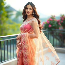 A graceful woman draped in a stunning transparent saree, showcasing intricate patterns and delicate embroidery