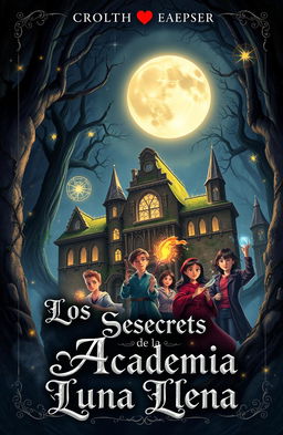 A captivating book cover design for "Los Secretos de la Academia Luna Llena"