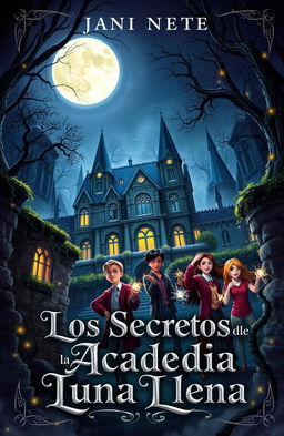 A captivating book cover design for "Los Secretos de la Academia Luna Llena"