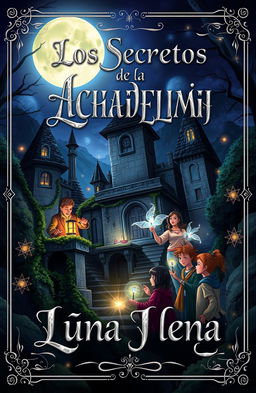 A captivating book cover design for "Los Secretos de la Academia Luna Llena"