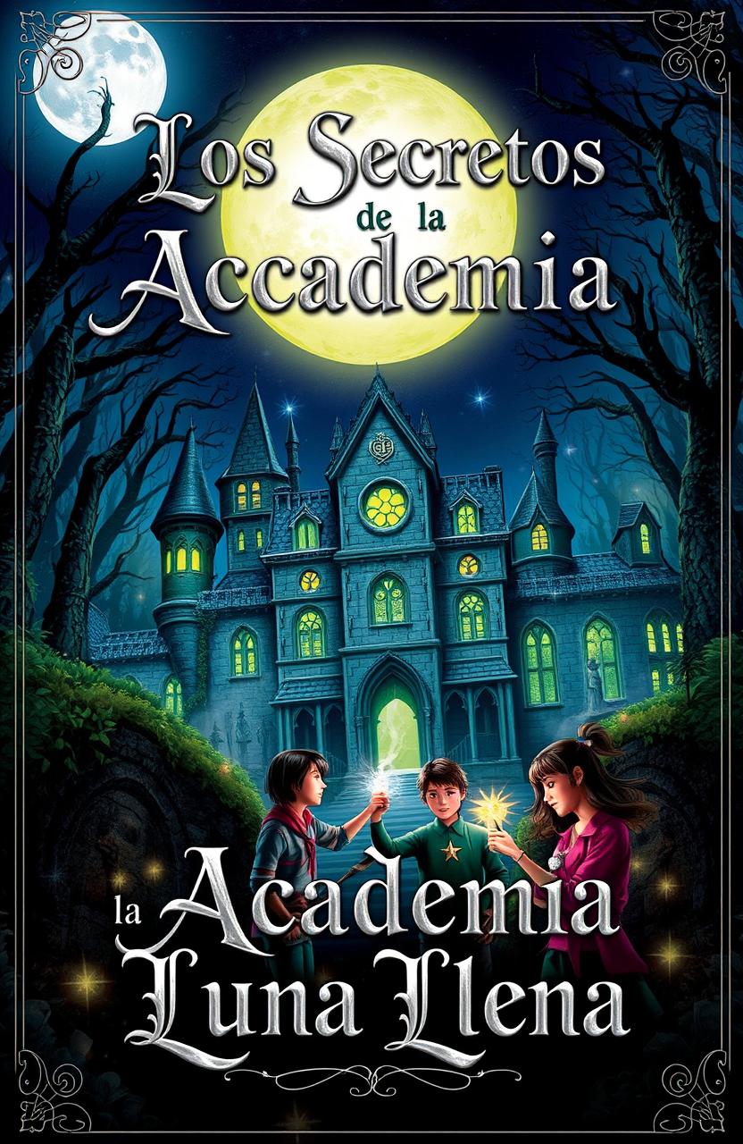 A captivating book cover design for "Los Secretos de la Academia Luna Llena"