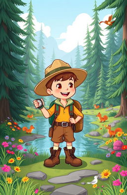 A whimsical cartoon illustration of a young explorer boy, full of energy and curiosity, wearing a wide-brimmed explorer hat, colorful hiking clothes, and sturdy boots