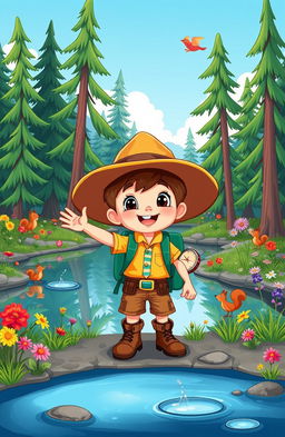 A whimsical cartoon illustration of a young explorer boy, full of energy and curiosity, wearing a wide-brimmed explorer hat, colorful hiking clothes, and sturdy boots