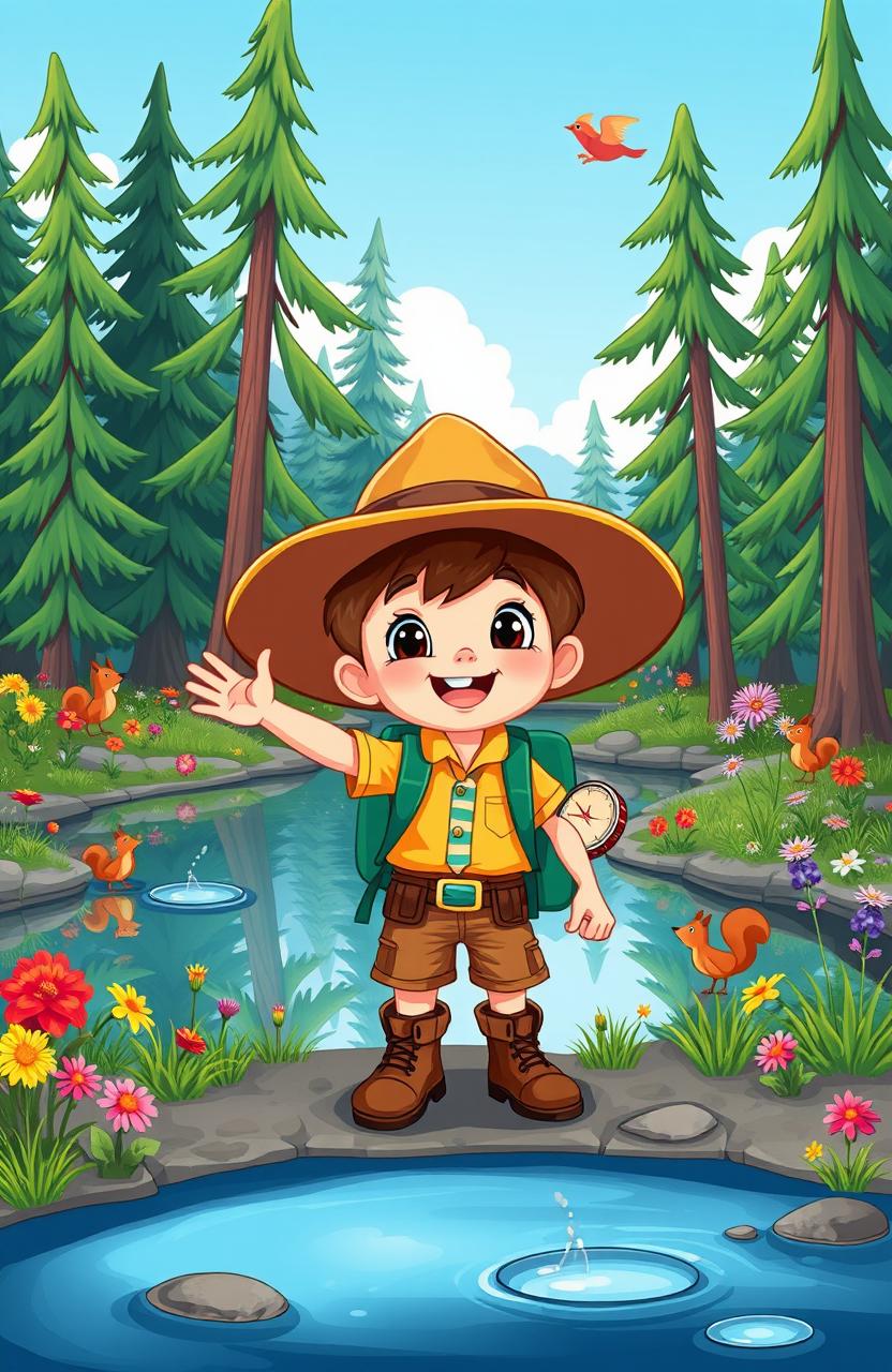 A whimsical cartoon illustration of a young explorer boy, full of energy and curiosity, wearing a wide-brimmed explorer hat, colorful hiking clothes, and sturdy boots