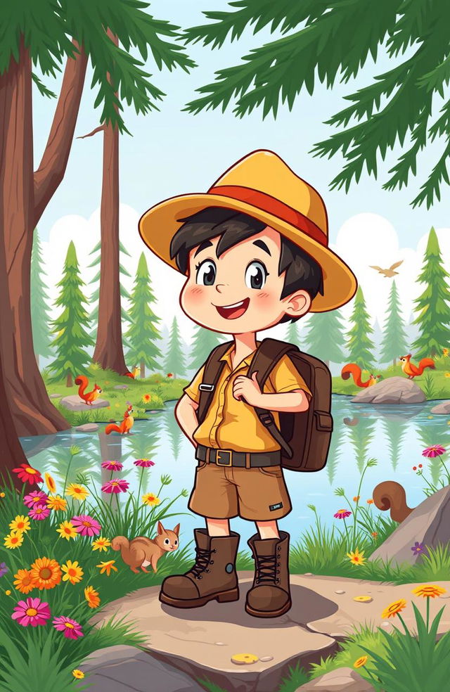 A whimsical cartoon illustration of a young explorer boy, full of energy and curiosity, wearing a wide-brimmed explorer hat, colorful hiking clothes, and sturdy boots