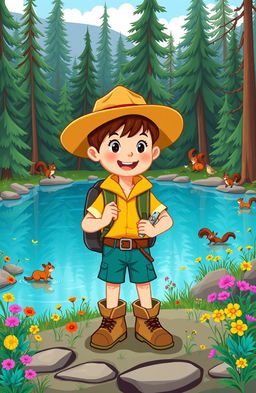 A whimsical cartoon illustration of a young explorer boy, full of energy and curiosity, wearing a wide-brimmed explorer hat, colorful hiking clothes, and sturdy boots