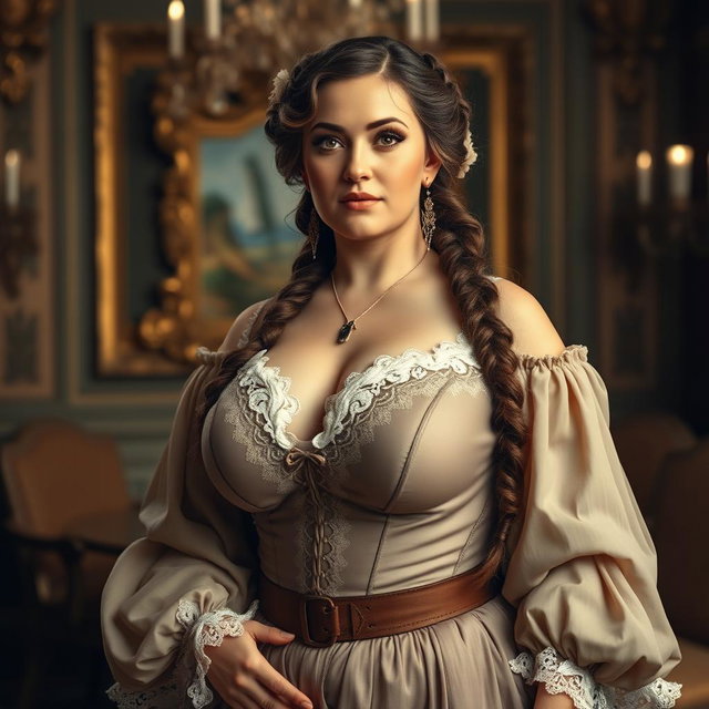 A stunning portrait of a voluptuous woman with very big breasts, styled in 18th-century attire to represent the first time period of the United Kingdom
