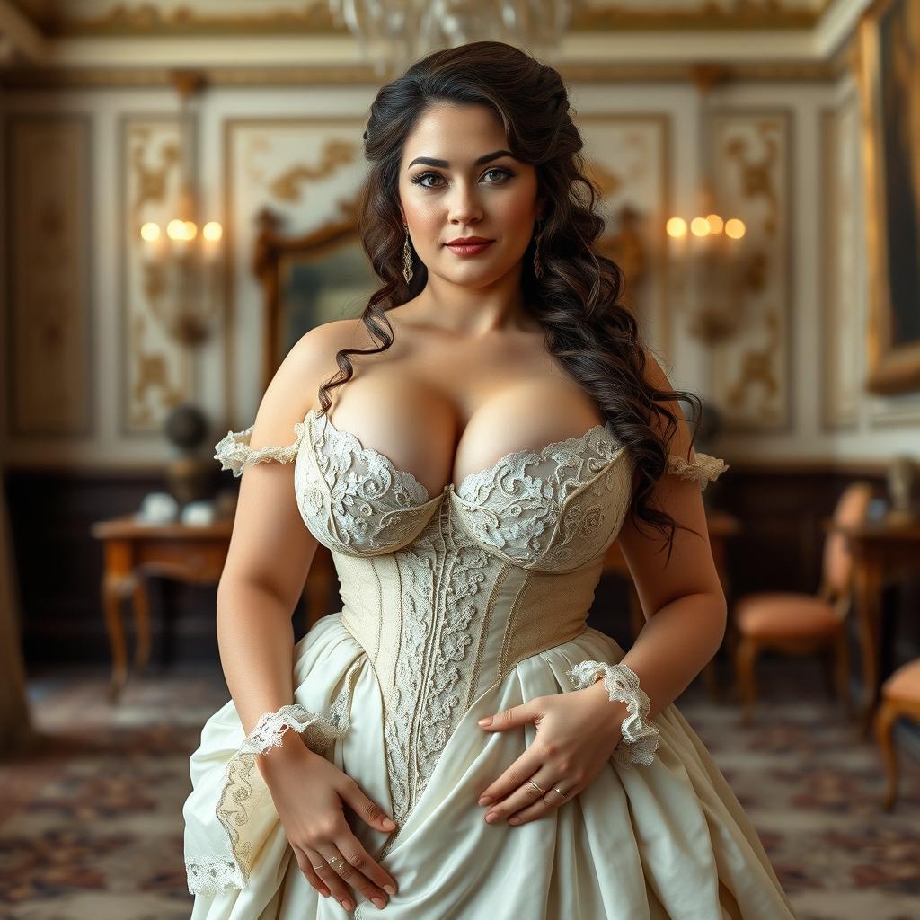 A stunning portrait of a voluptuous woman with very big breasts, styled in 18th-century attire to represent the first time period of the United Kingdom