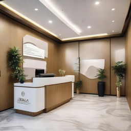 A well-designed 100sqm travel agency reception area, featuring a stylish reception desk, inviting seating space, and adorned with travel-inspired decorations.