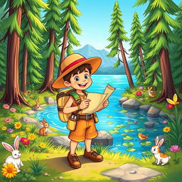 A vibrant cartoon illustration of an adventurous explorer boy in a lush green forest by a serene lake
