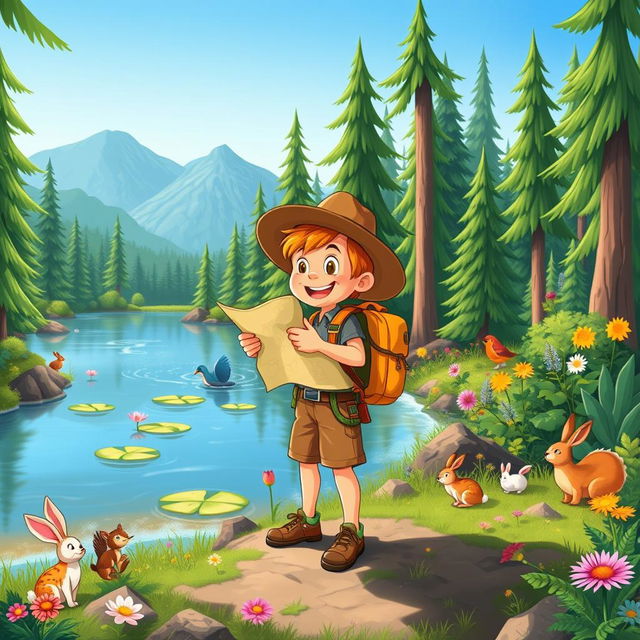 A vibrant cartoon illustration of an adventurous explorer boy in a lush green forest by a serene lake