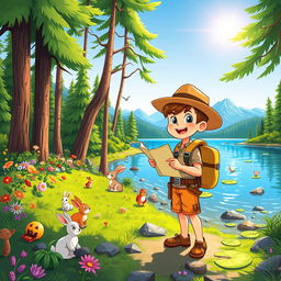 A vibrant cartoon illustration of an adventurous explorer boy in a lush green forest by a serene lake