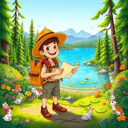 A vibrant cartoon illustration of an adventurous explorer boy in a lush green forest by a serene lake