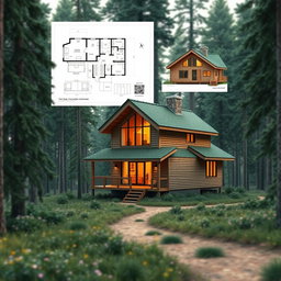 A comprehensive A3 sheet composition for a cabin design competition with a forest theme
