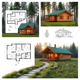 A comprehensive A3 sheet composition for a cabin design competition with a forest theme