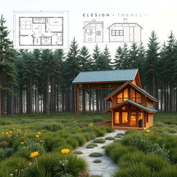 A comprehensive A3 sheet composition for a cabin design competition with a forest theme