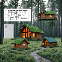 A comprehensive A3 sheet composition for a cabin design competition with a forest theme