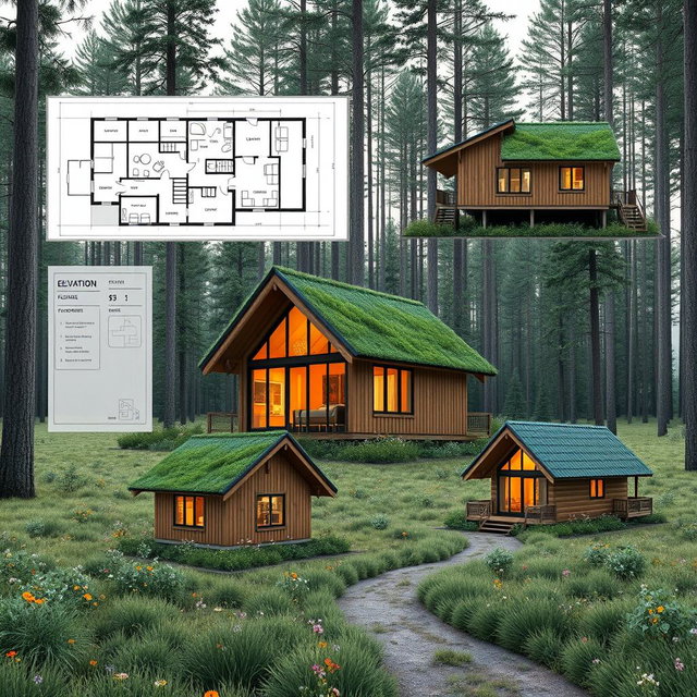 A comprehensive A3 sheet composition for a cabin design competition with a forest theme