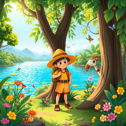 A lively cartoon illustration of an adventurous explorer boy in a lush green forest by a sparkling lake, alongside a small, friendly creature reminiscent of Nahuelito