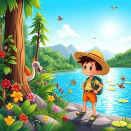 A lively cartoon illustration of an adventurous explorer boy in a lush green forest by a sparkling lake, alongside a small, friendly creature reminiscent of Nahuelito