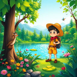 A lively cartoon illustration of an adventurous explorer boy in a lush green forest by a sparkling lake, alongside a small, friendly creature reminiscent of Nahuelito