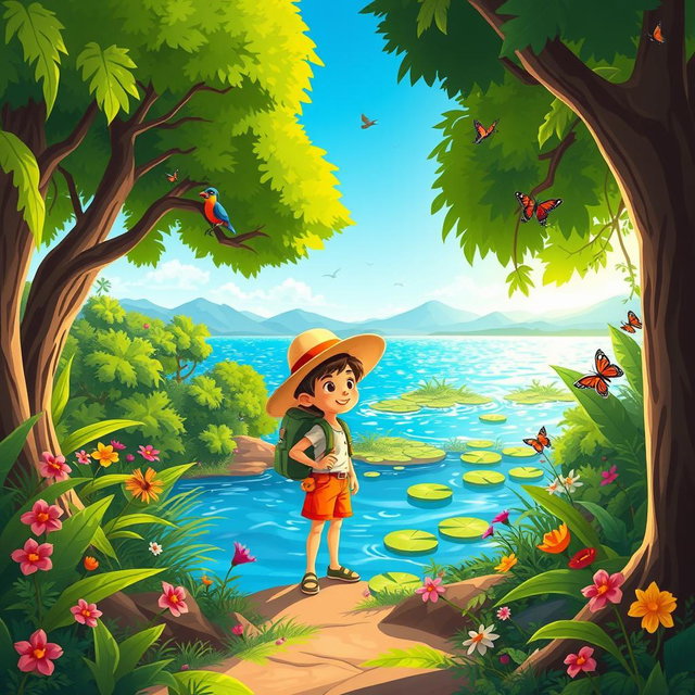 A lively cartoon illustration of an adventurous explorer boy in a lush green forest by a sparkling lake, alongside a small, friendly creature reminiscent of Nahuelito
