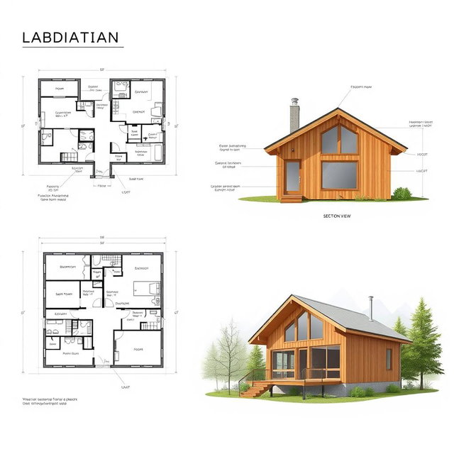 An A3 sheet composition for a cabin design suitable for an architectural competition