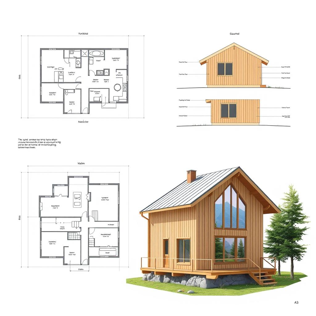 An A3 sheet composition for a cabin design suitable for an architectural competition