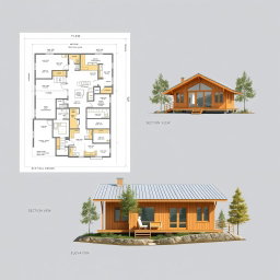 An A3 sheet composition for a cabin design suitable for an architectural competition