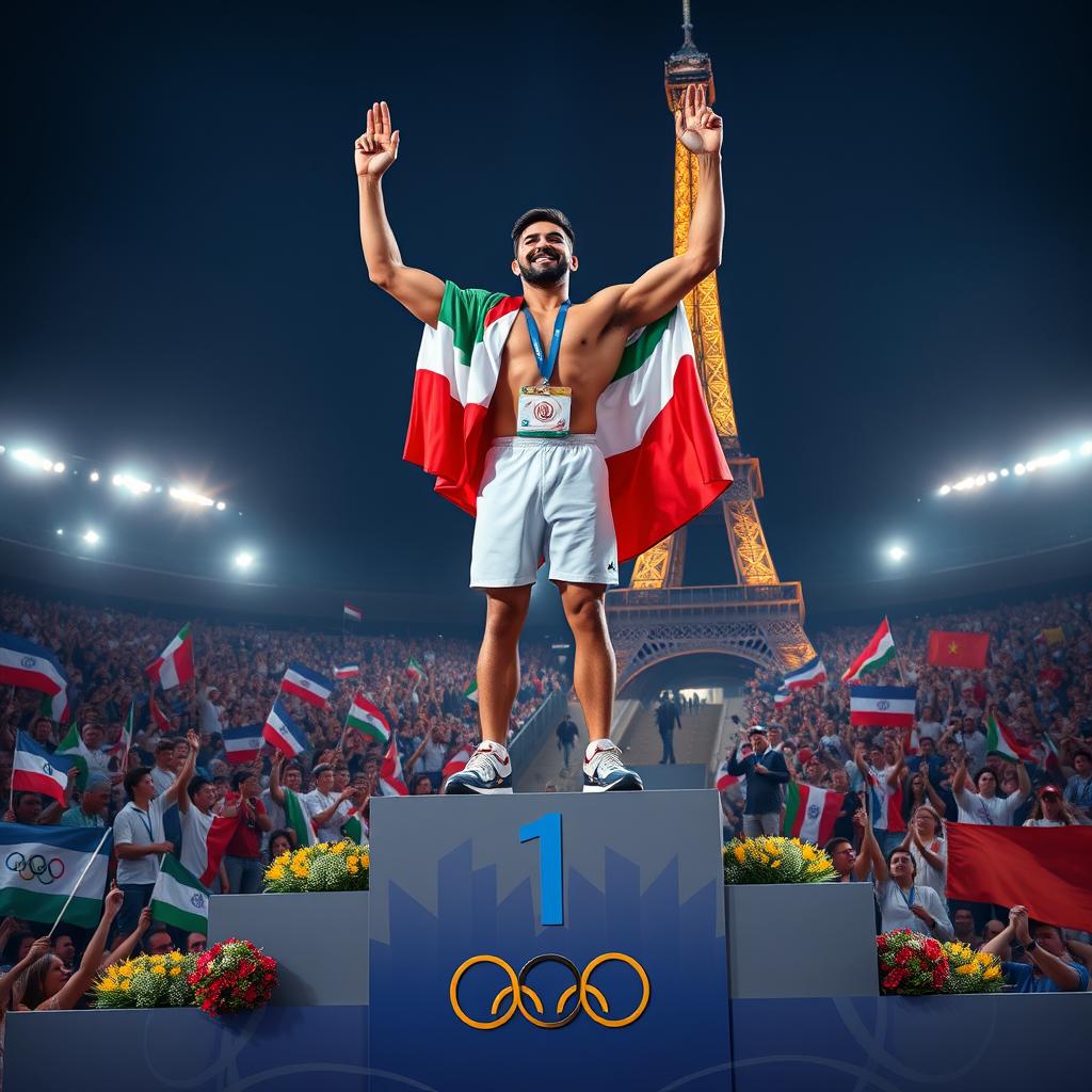 A striking depiction of Hassan Yazdani celebrating on the Olympic victory podium in Paris