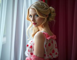 A striking photograph capturing a side-profile view of a beautiful blonde model, with long wavy hair elegantly styled in a loose bun and captivating blue eyes